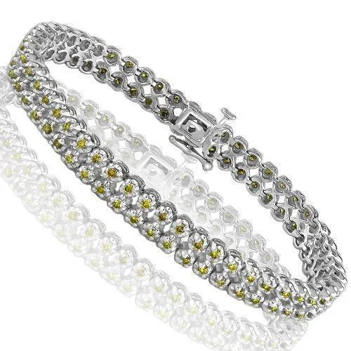 10K Solid White Gold Two-Row Yellow Diamond Bracelet 3.06 Ctw