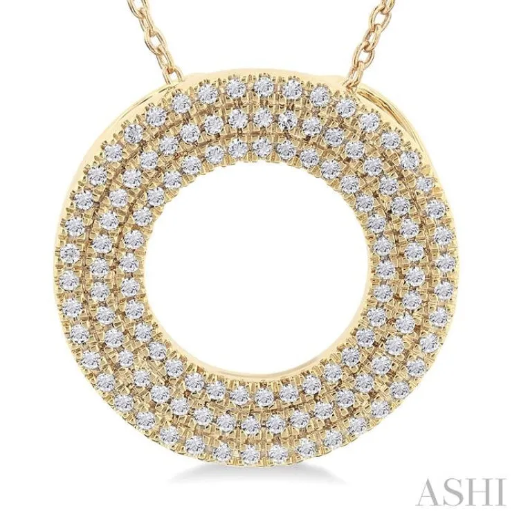 1/3 Ctw  Circle Triple Row Round Cut Diamond Fashion Pendant With Chain in 14K Yellow Gold