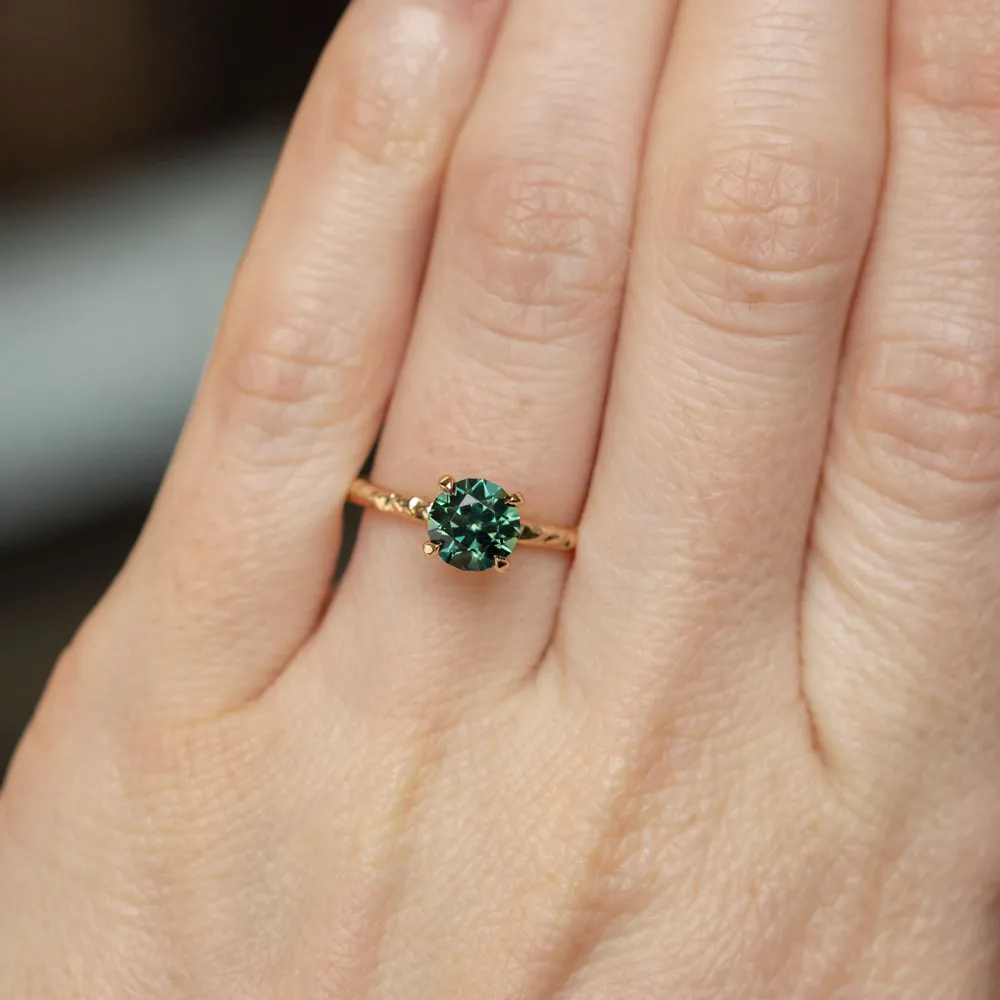 1.38ct Round Australian Teal Green Blue Sapphire Evergreen Solitaire Ring in 14k Yellow Gold