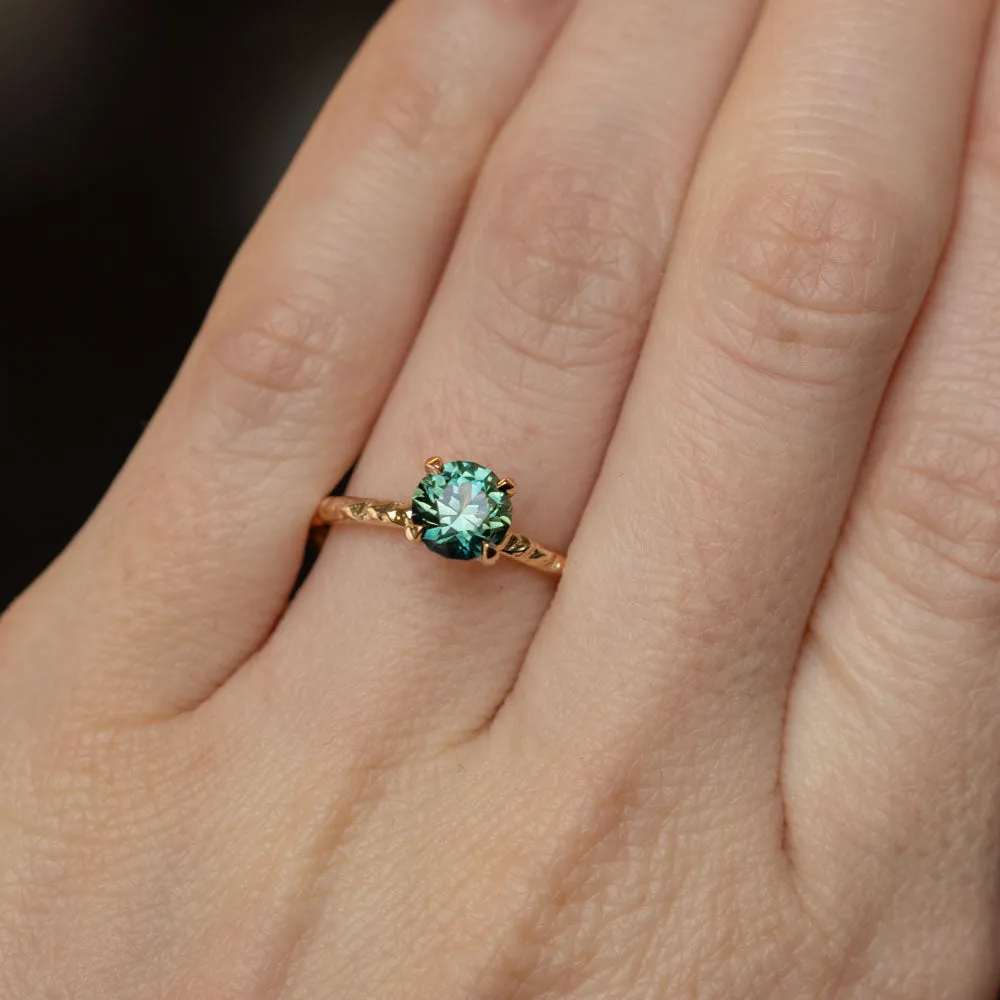 1.38ct Round Australian Teal Green Blue Sapphire Evergreen Solitaire Ring in 14k Yellow Gold