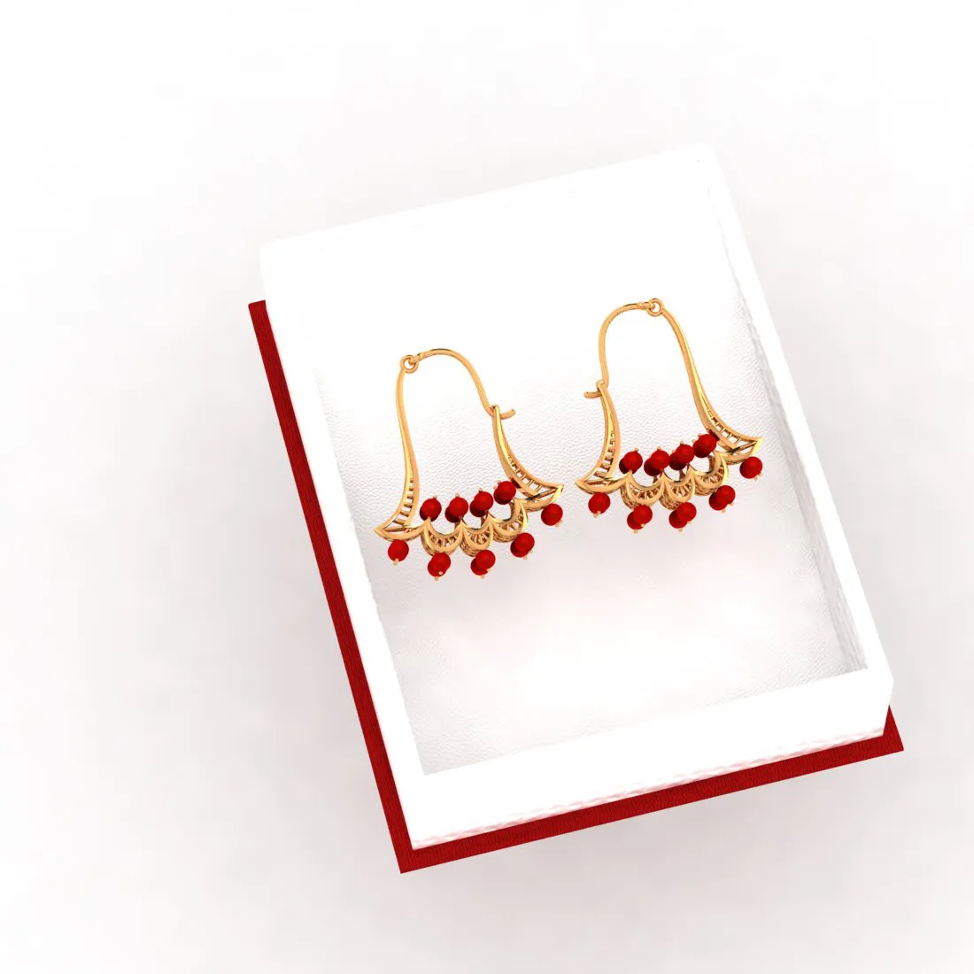 14k Floral Gold Earrings With Red Stones