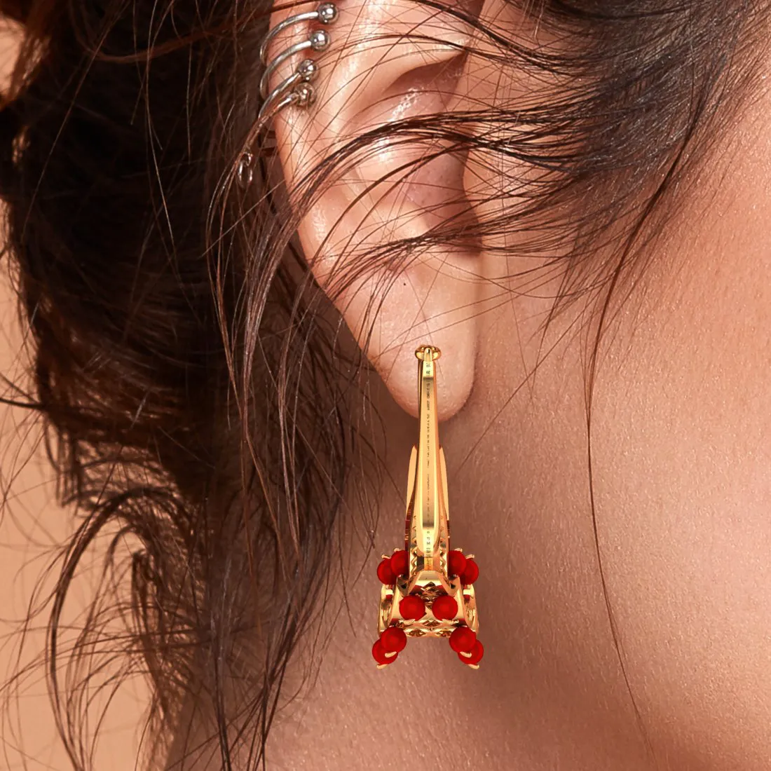 14k Floral Gold Earrings With Red Stones