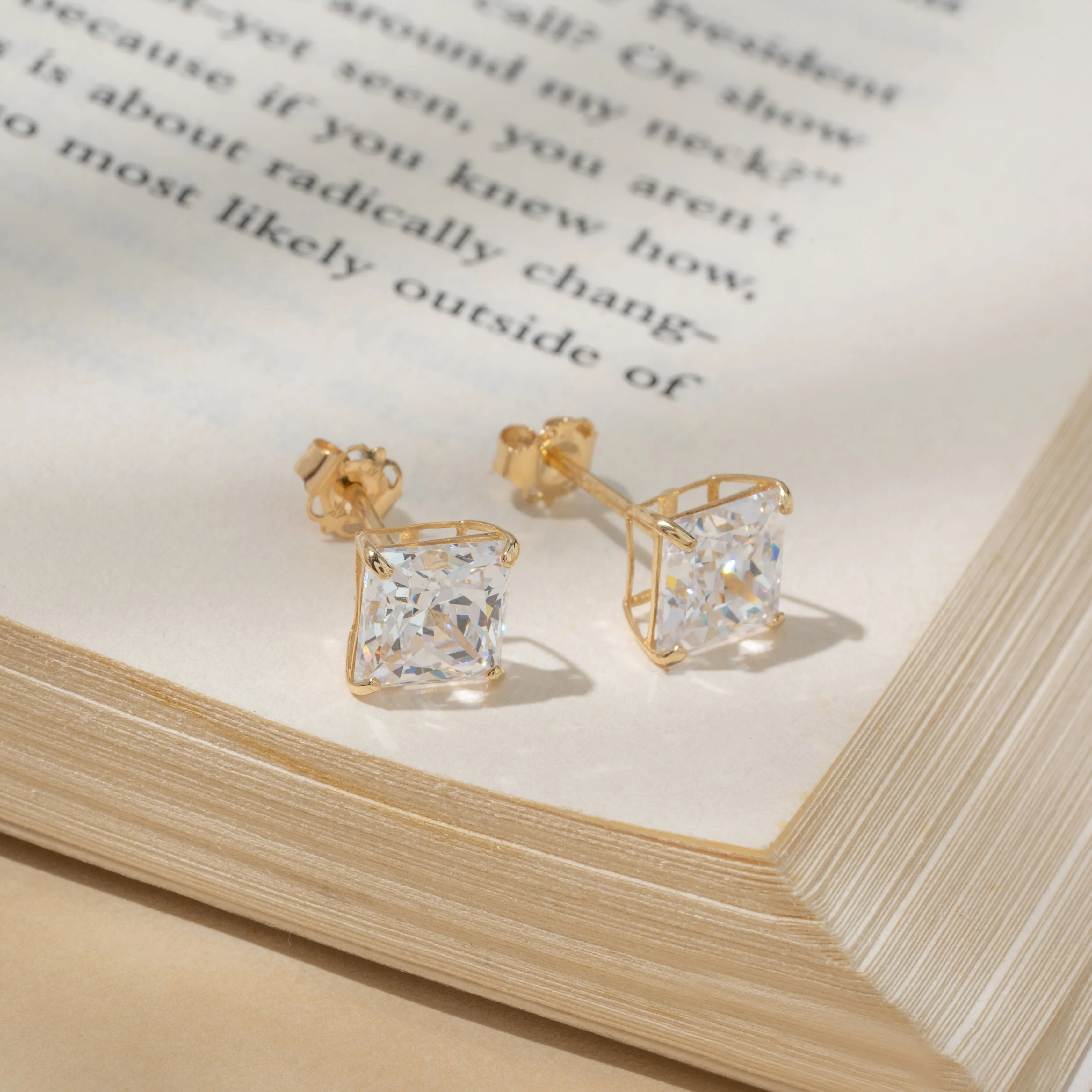 14k Solid Gold Princess Cut Stud Earrings with Genuine Swarovski Zirconia