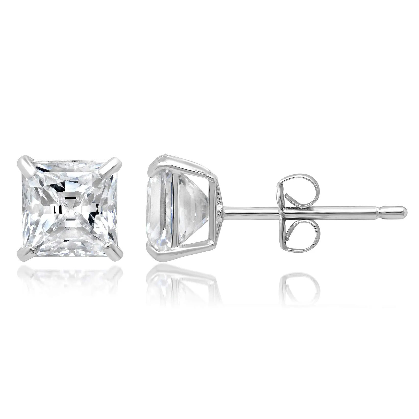 14k Solid Gold Princess Cut Stud Earrings with Genuine Swarovski Zirconia