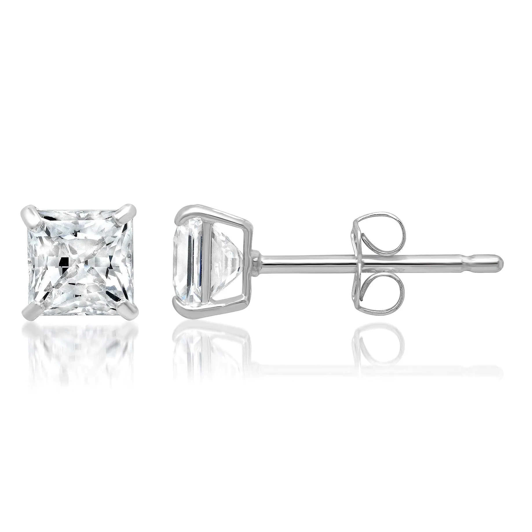 14k Solid Gold Princess Cut Stud Earrings with Genuine Swarovski Zirconia