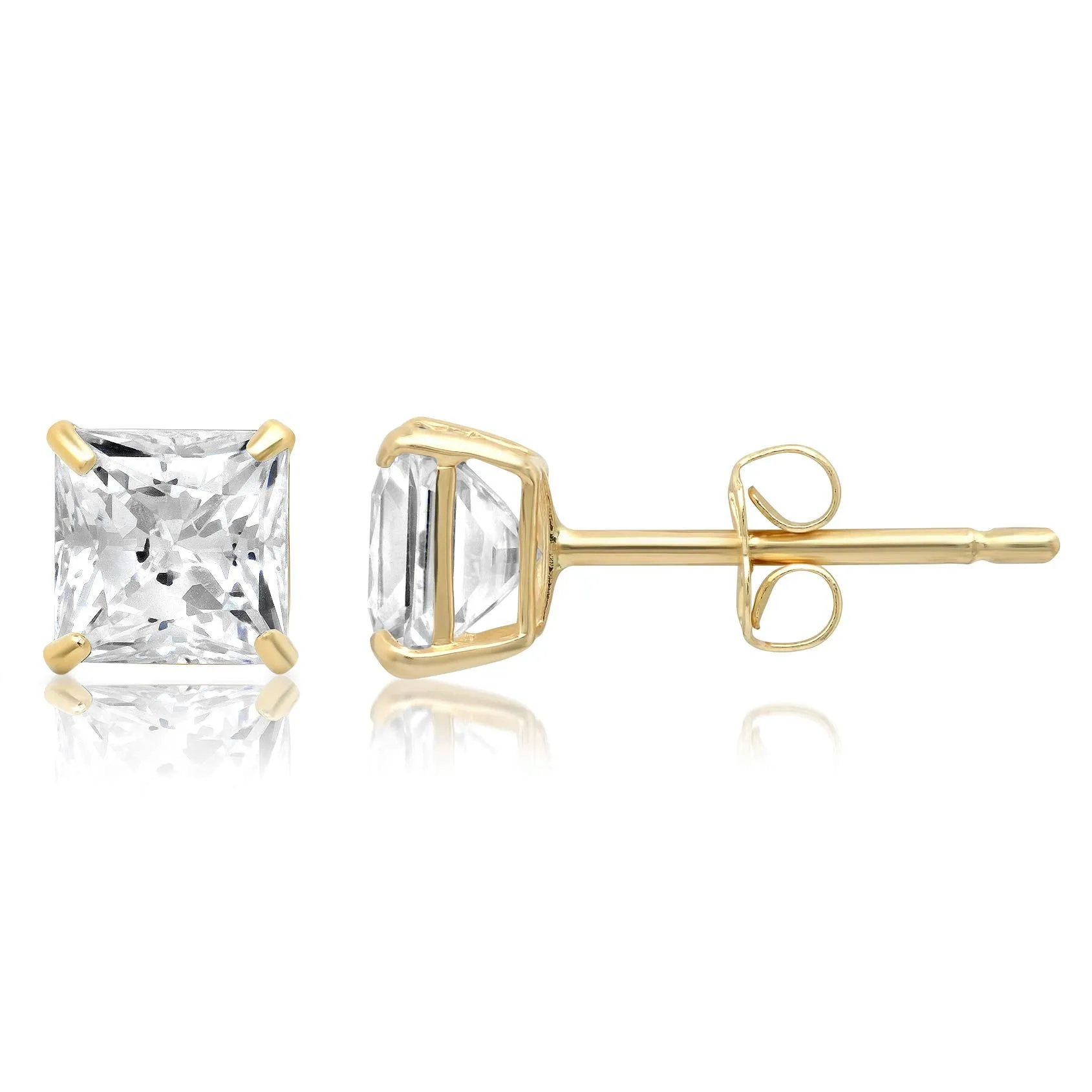 14k Solid Gold Princess Cut Stud Earrings with Genuine Swarovski Zirconia