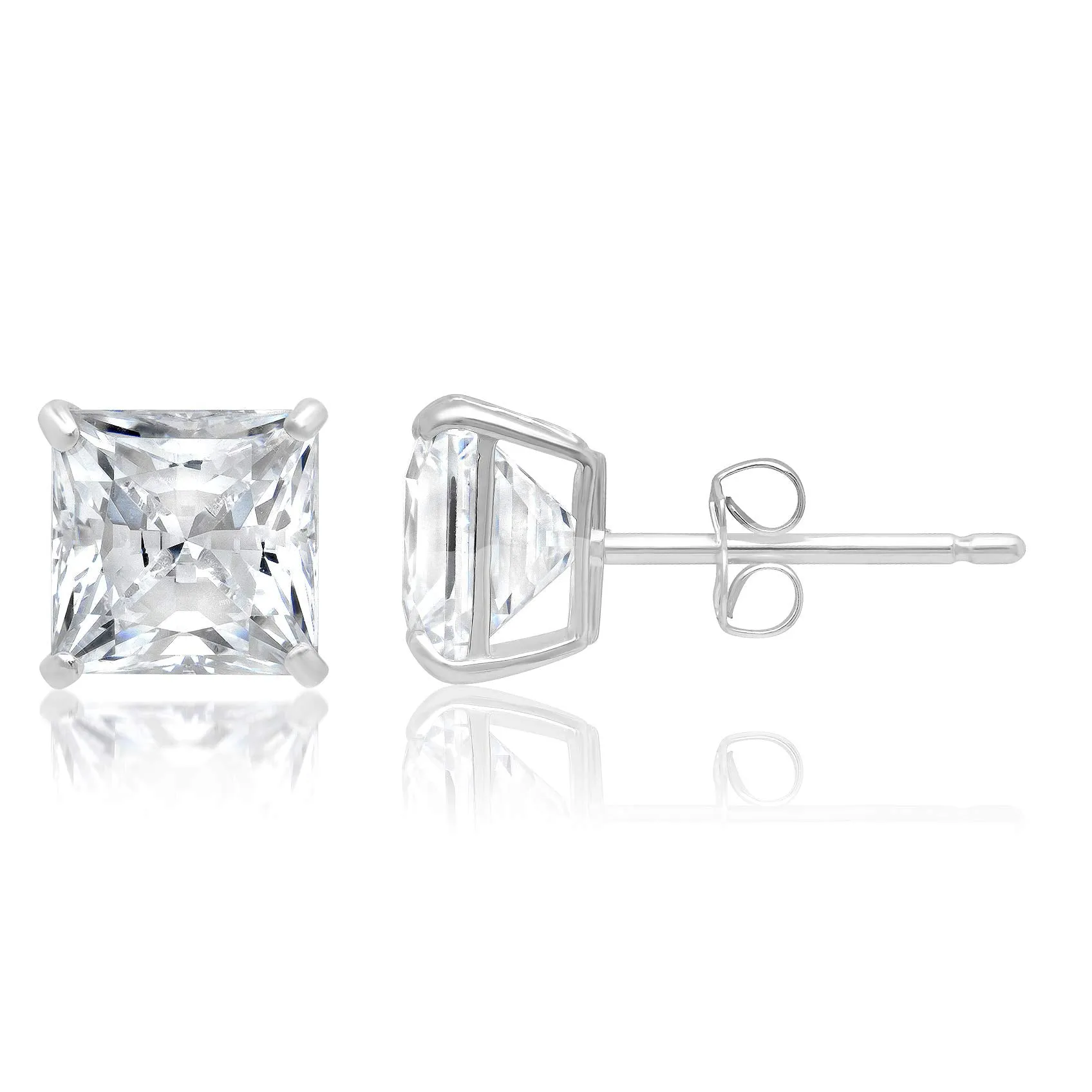 14k Solid Gold Princess Cut Stud Earrings with Genuine Swarovski Zirconia