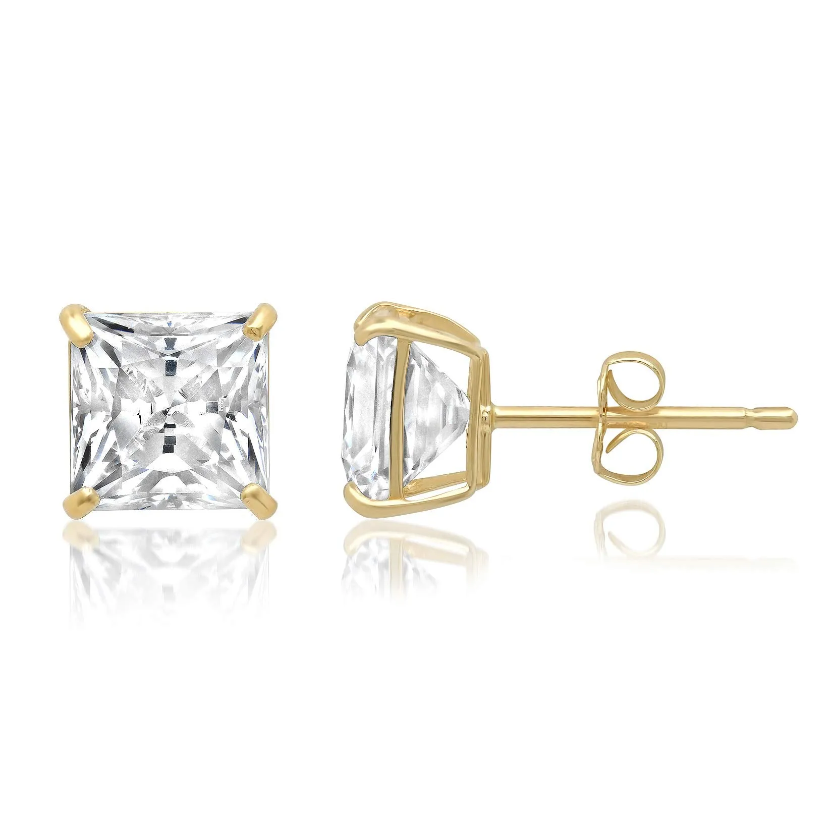 14k Solid Gold Princess Cut Stud Earrings with Genuine Swarovski Zirconia