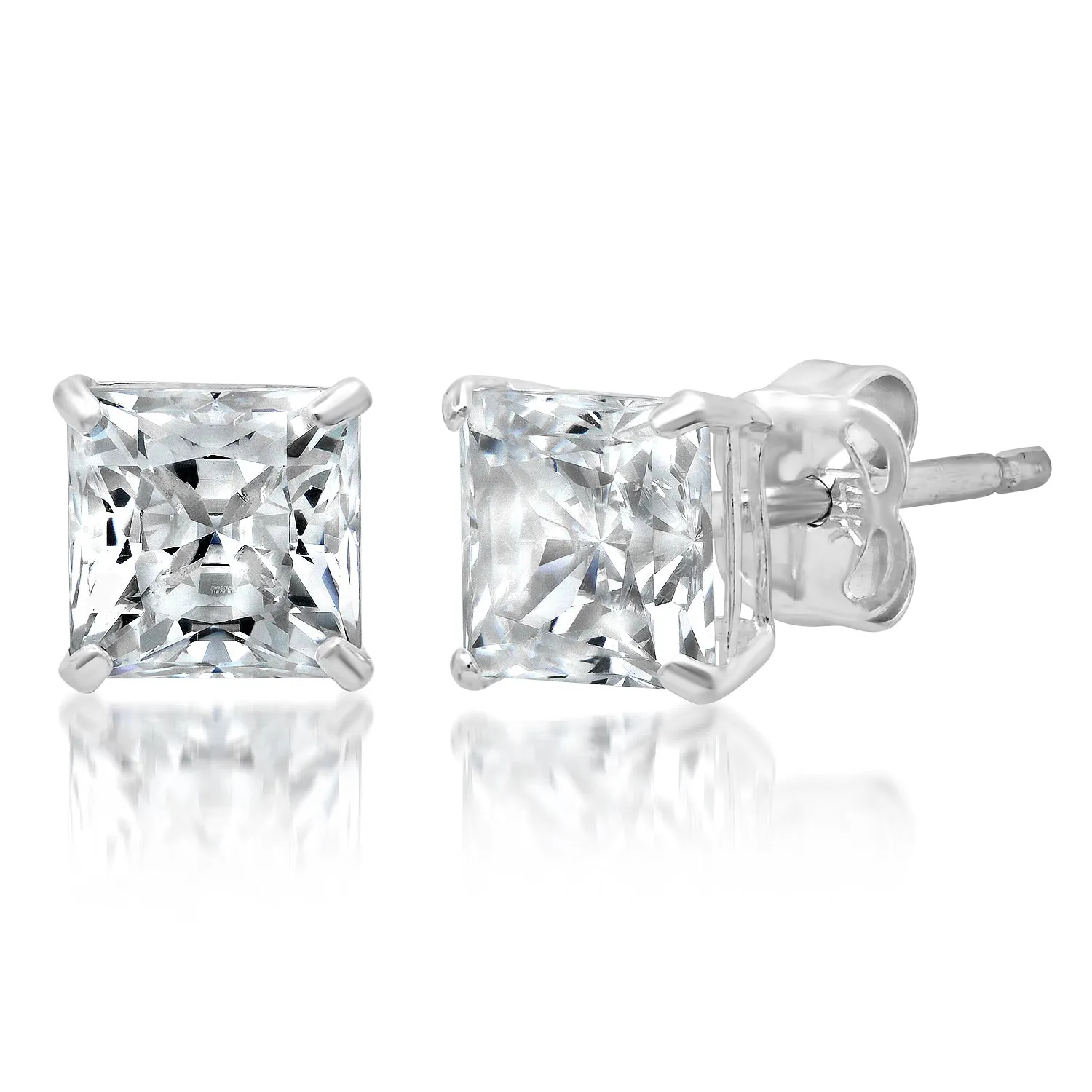 14k Solid Gold Princess Cut Stud Earrings with Genuine Swarovski Zirconia