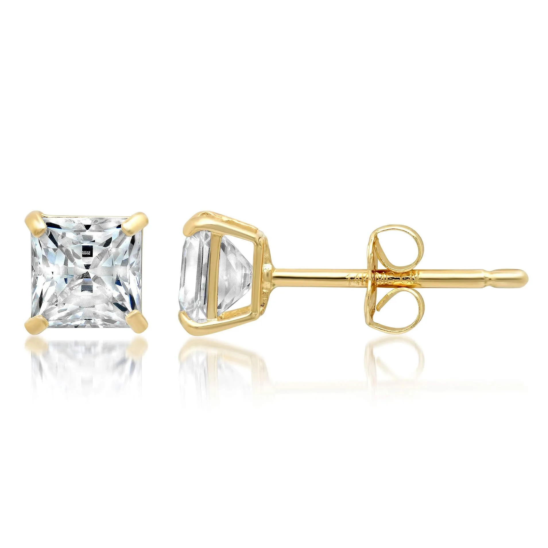 14k Solid Gold Princess Cut Stud Earrings with Genuine Swarovski Zirconia