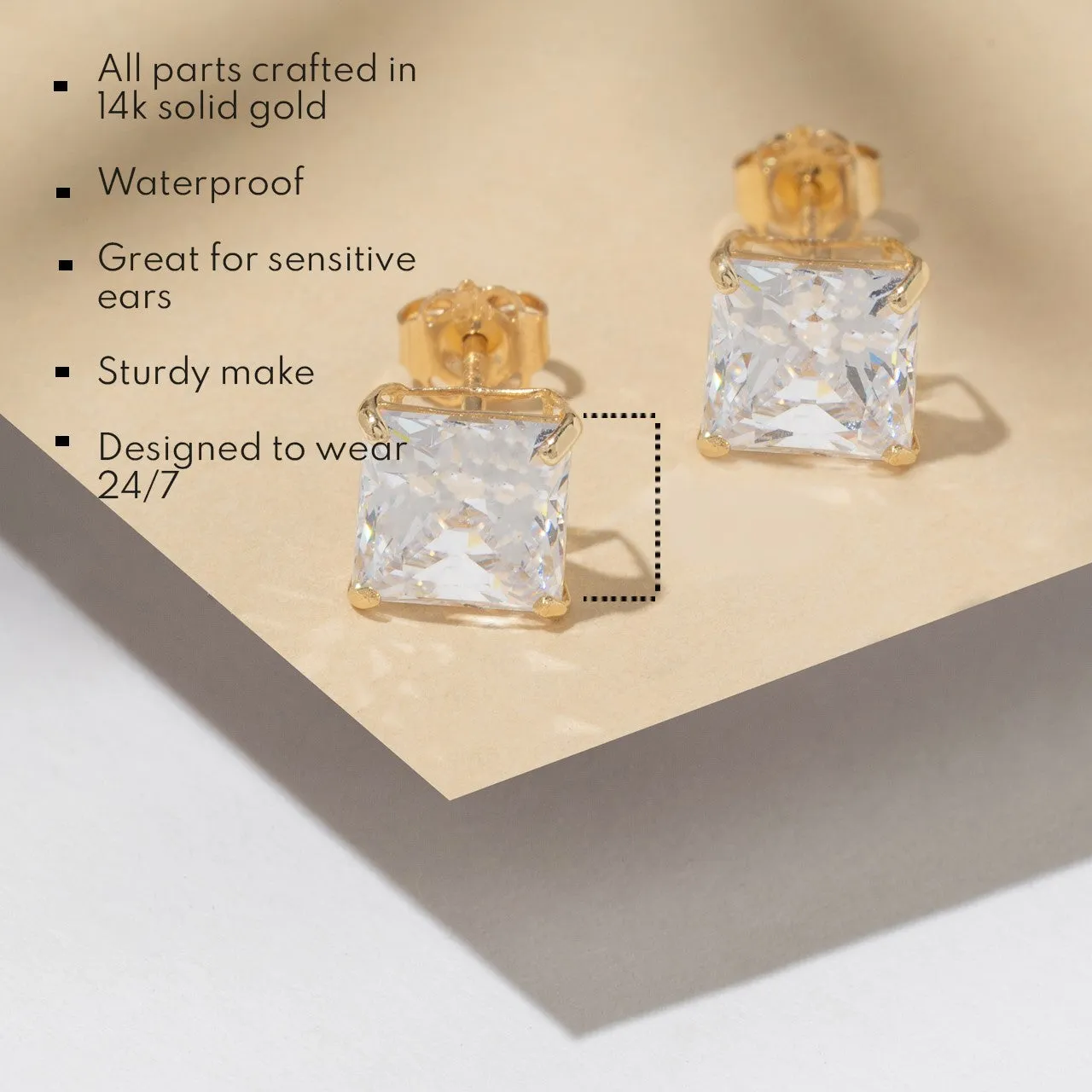 14k Solid Gold Princess Cut Stud Earrings with Genuine Swarovski Zirconia