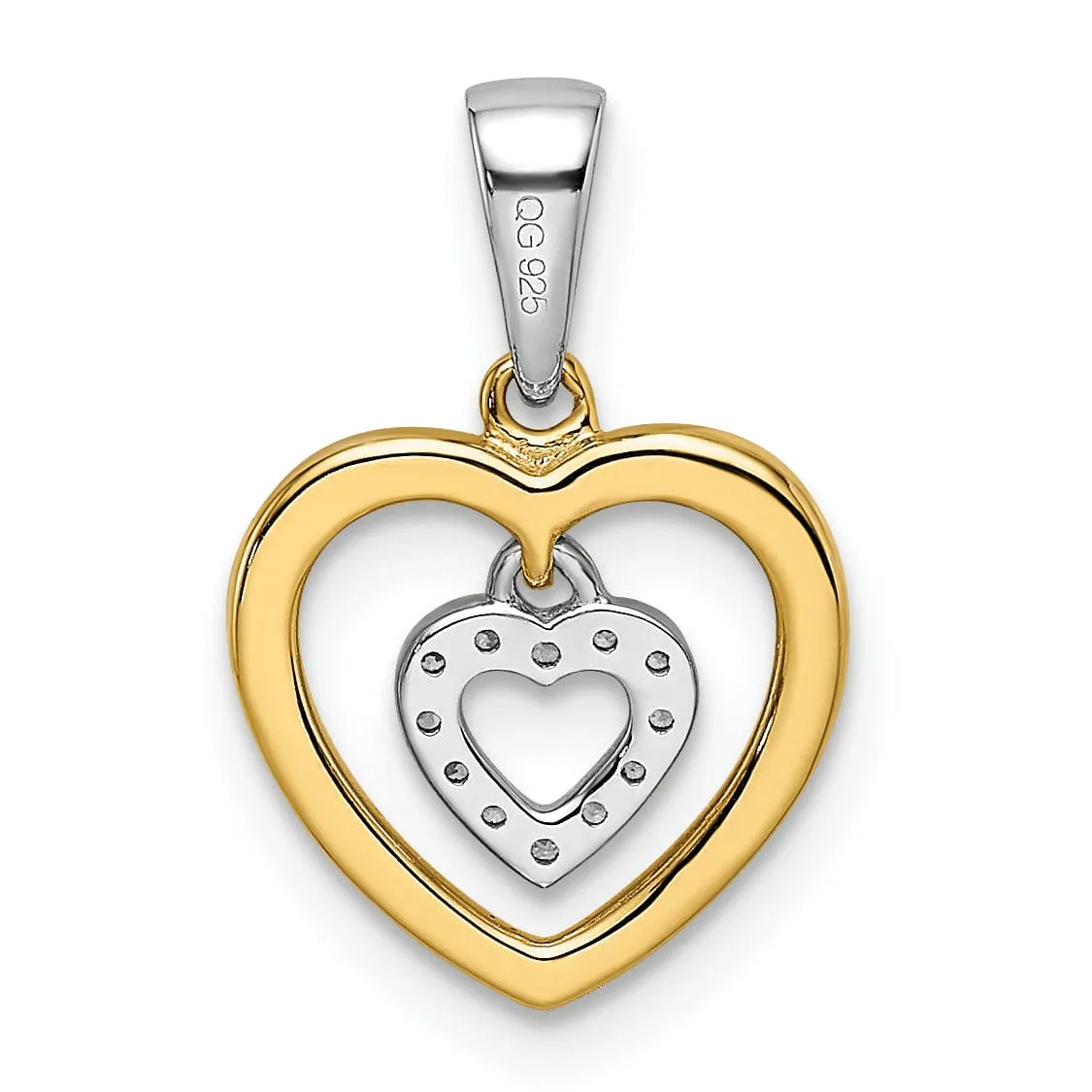 14k Two Tone Gold Closed Back Polished Finish Women's Heart with Dangle Heart Design 0.045-CT Diamond Charm Pendant