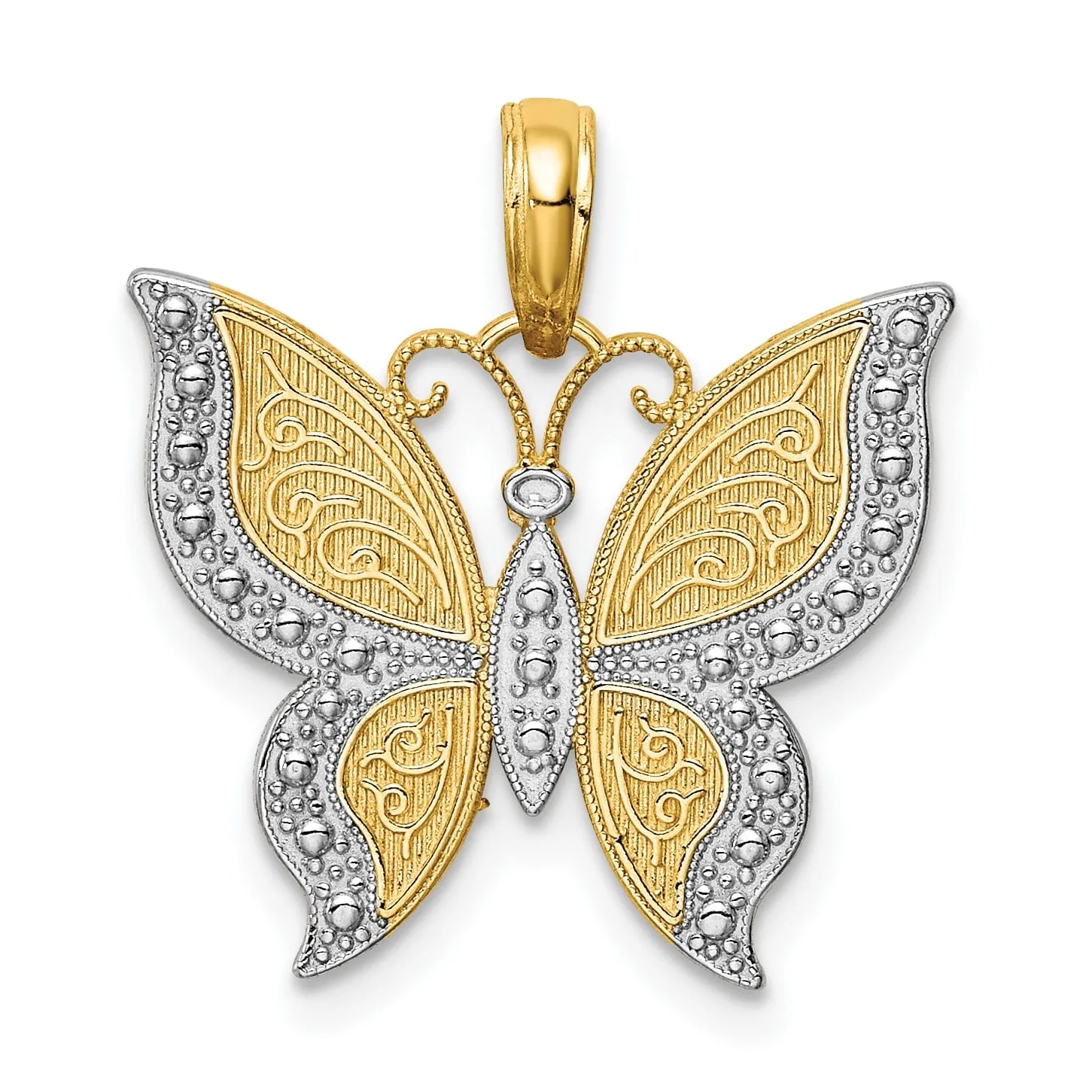 14K Two-tone Gold Solid Casted Textured Back Polished Finish Butterfly Charm Pendant