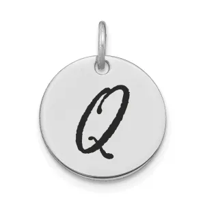 14k White Gold Polished Rhodium Black Epoxy Finish Letter Q Initial Disk Shape Charm Pendant