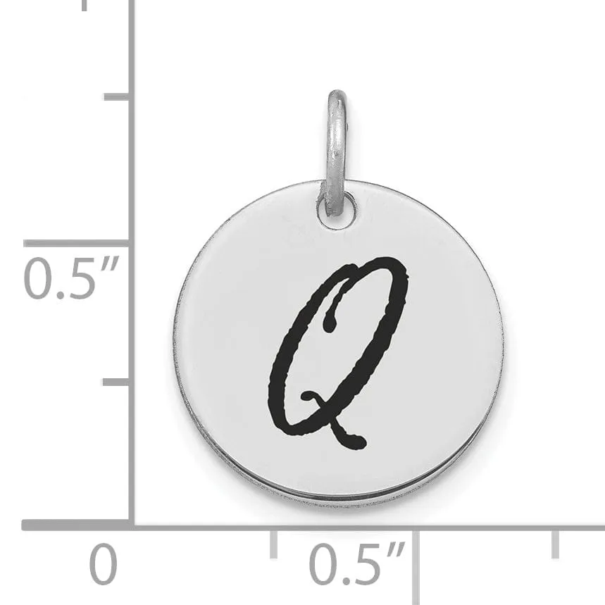 14k White Gold Polished Rhodium Black Epoxy Finish Letter Q Initial Disk Shape Charm Pendant