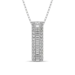 14K White Gold Round and Baguette Diamond 1/3 Ct.Tw. Drop Bar Pendant