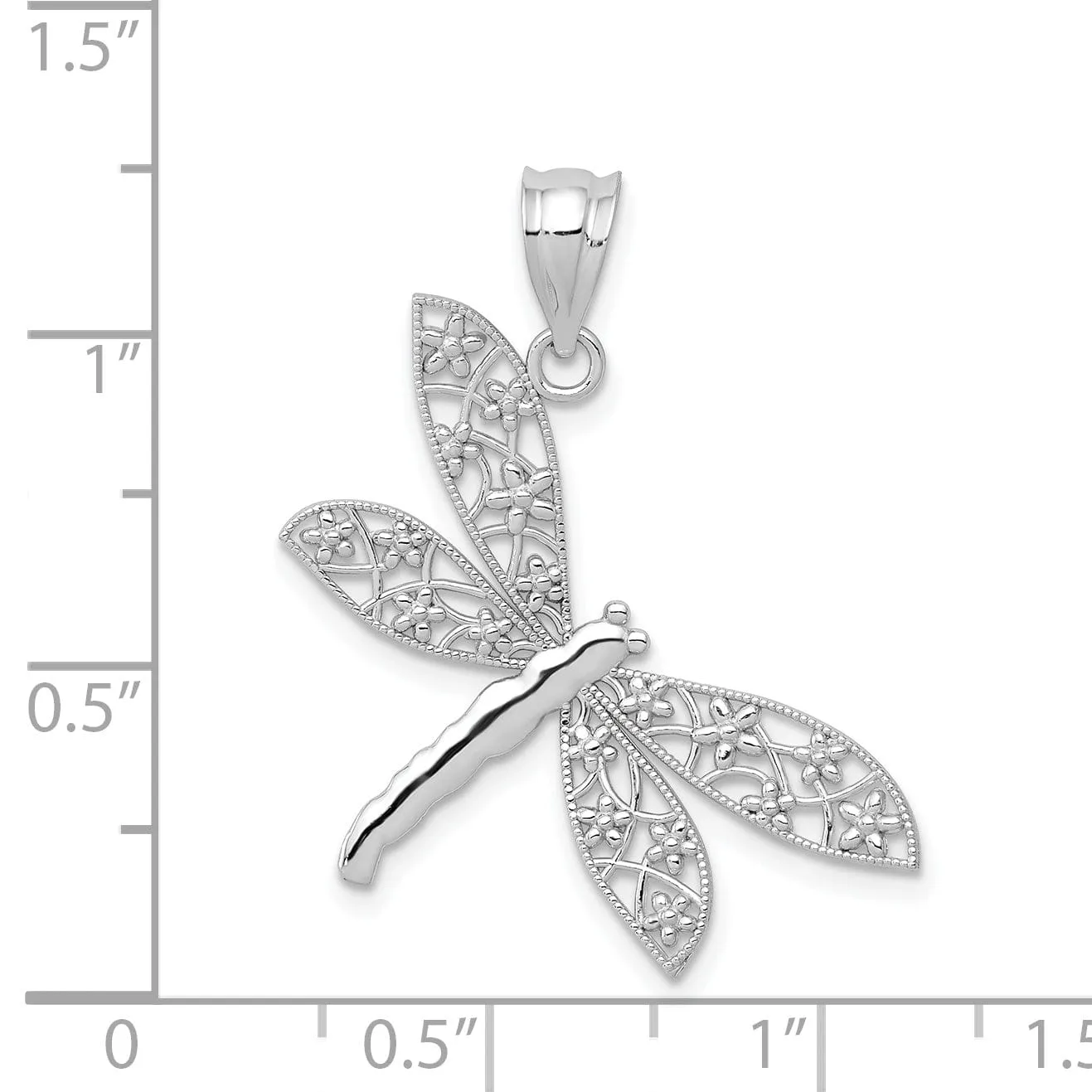 14k White Gold Solid Open Back Solid Polished Diamond Cut Finish Flower Wing Dragonfly Design Charm Pendant