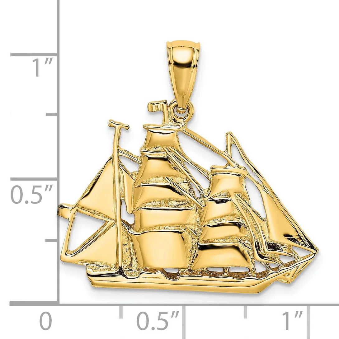 14K Yellow Gold 2-Dimensional Polished Finished Sailing Ship Charm Pendant