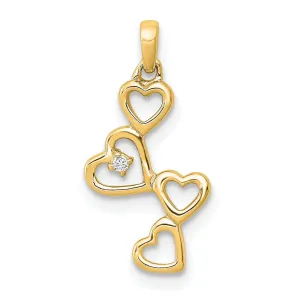 14k Yellow Gold 4-Heart Design with 0.01 CT Diamond Pendant