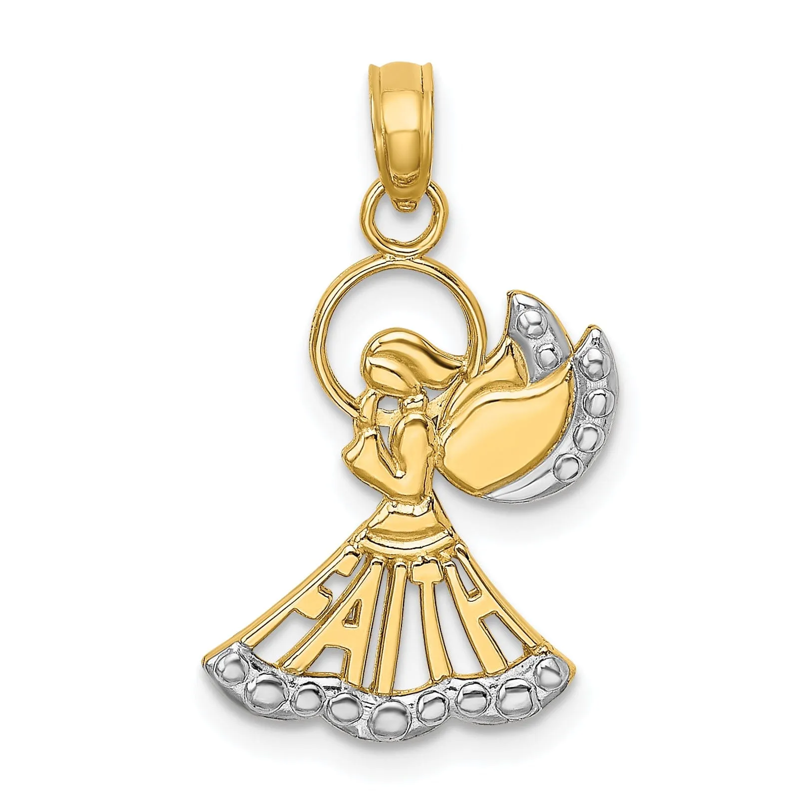 14K Yellow Gold Rhodium Polished Angel with Faith Script Pendant