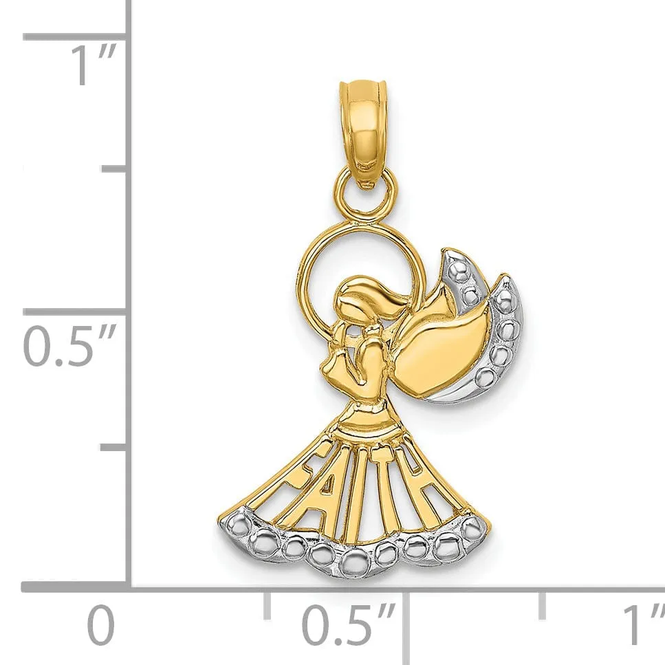 14K Yellow Gold Rhodium Polished Angel with Faith Script Pendant