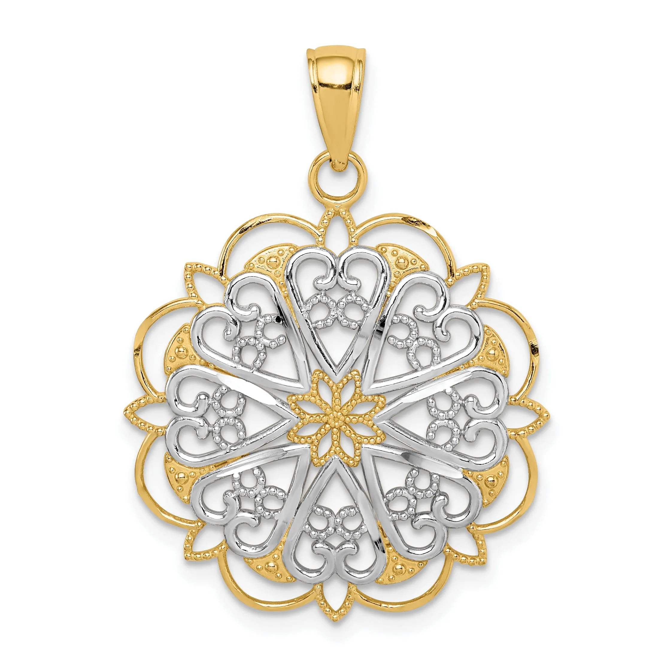 14K Yellow Gold Solid Filigree Hearts with Scalloped Edge Fancy Design Round Pendant