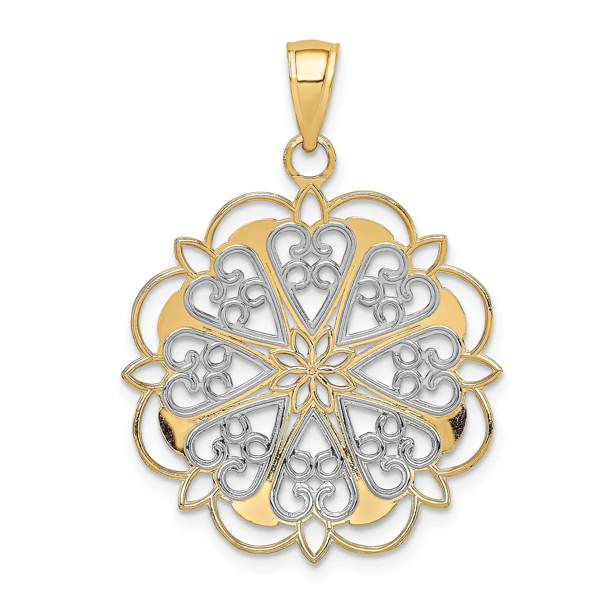 14K Yellow Gold Solid Filigree Hearts with Scalloped Edge Fancy Design Round Pendant