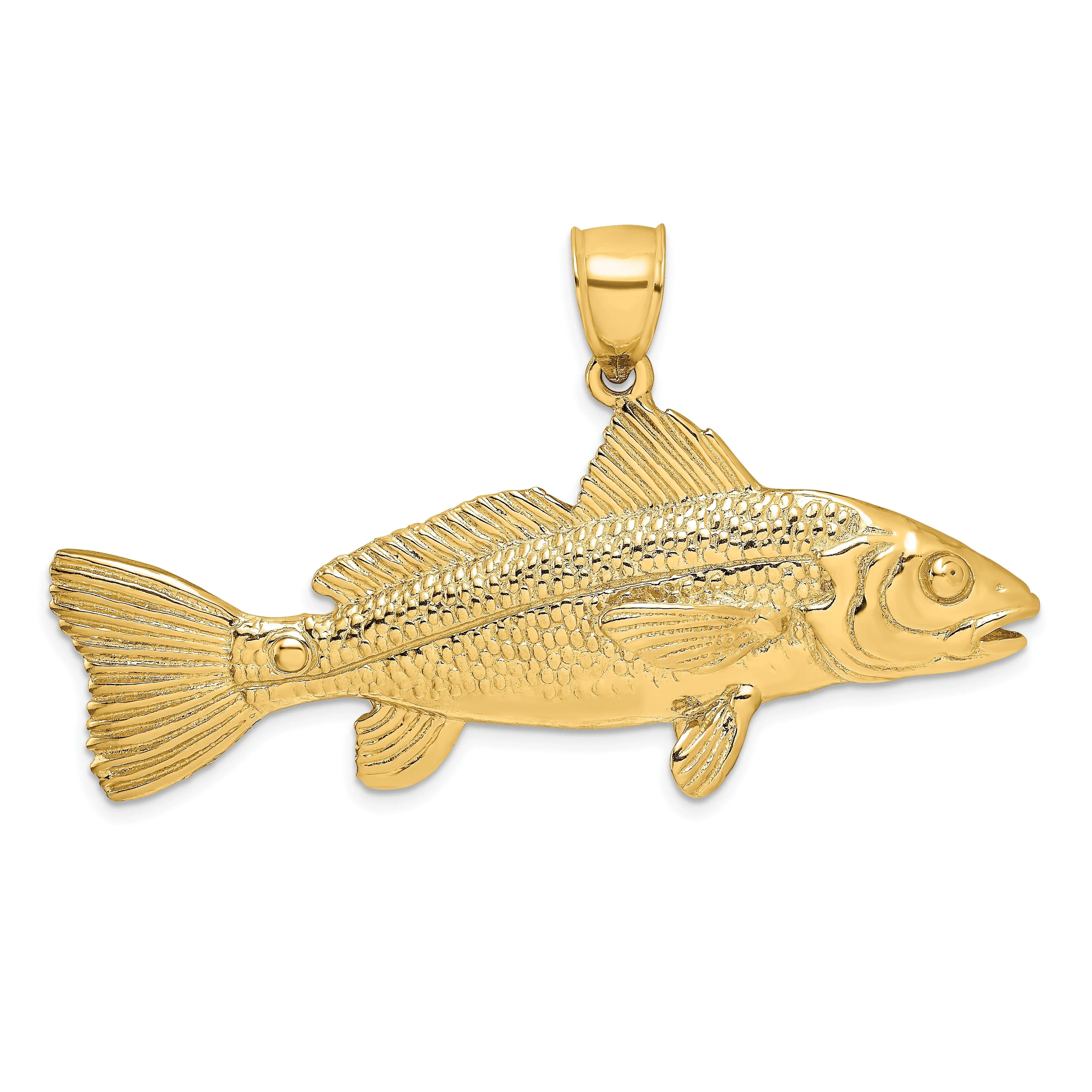 14k Yellow Gold Solid Textured Polished Finish 3-Dimensional Redfish Charm Pendant