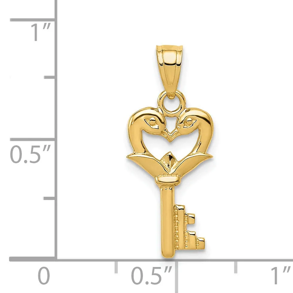 14K Yellow Gold Swans Heart Key Design Charm Pendant