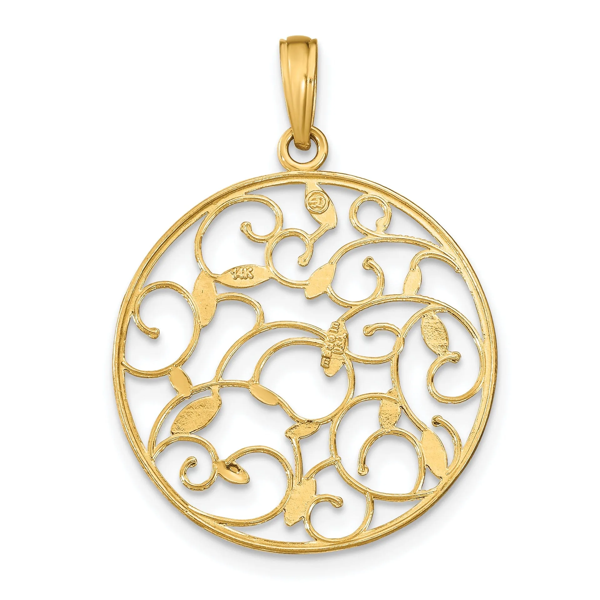 14K Yellow Gold, White Rhodium Filigree Polished Finish Floral Medallion Design Pendant