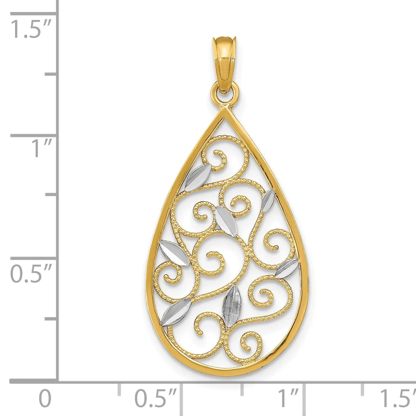 14K Yellow Gold, White Rhodium Polished Diamond Cut Finish Beaded Filigree Teardrop Design Pendant