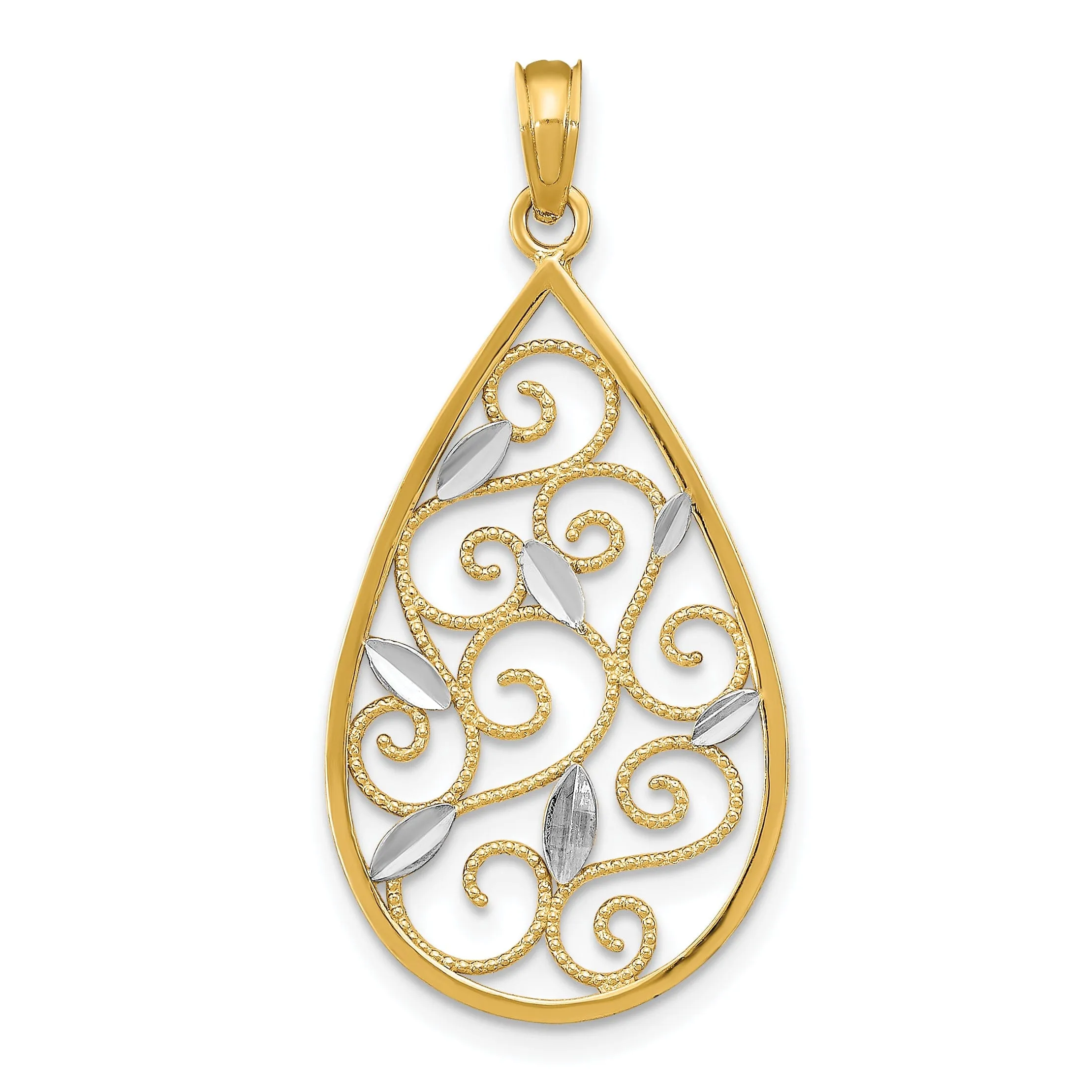 14K Yellow Gold, White Rhodium Polished Diamond Cut Finish Beaded Filigree Teardrop Design Pendant