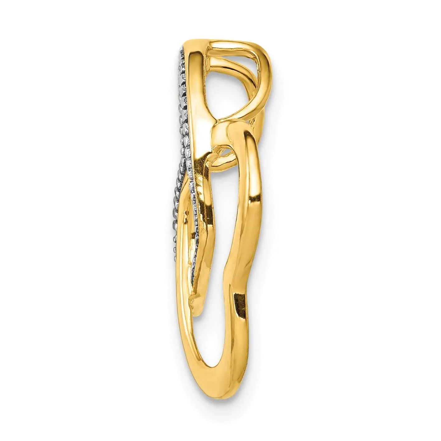 14k Yellow Gold, White Rhodium Polished Finish Concave Shape 0.01-CT Diamond Double Entwined Hearts Style Chain Slide Pendant