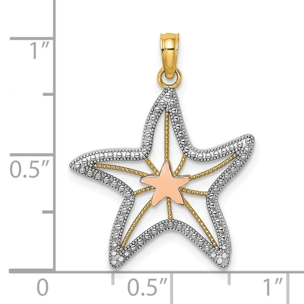 14K Yellow Rose Gold White Rhodium Texture Polished Finish Cut-Out Design Starfish Charm Pendant