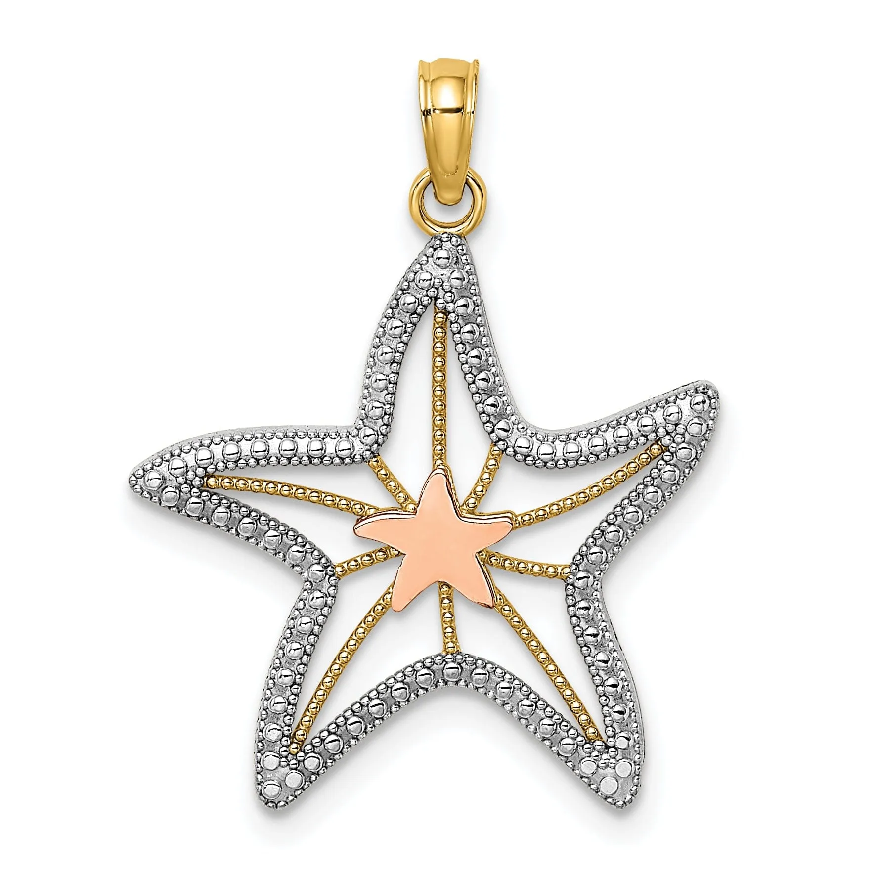 14K Yellow Rose Gold White Rhodium Texture Polished Finish Cut-Out Design Starfish Charm Pendant