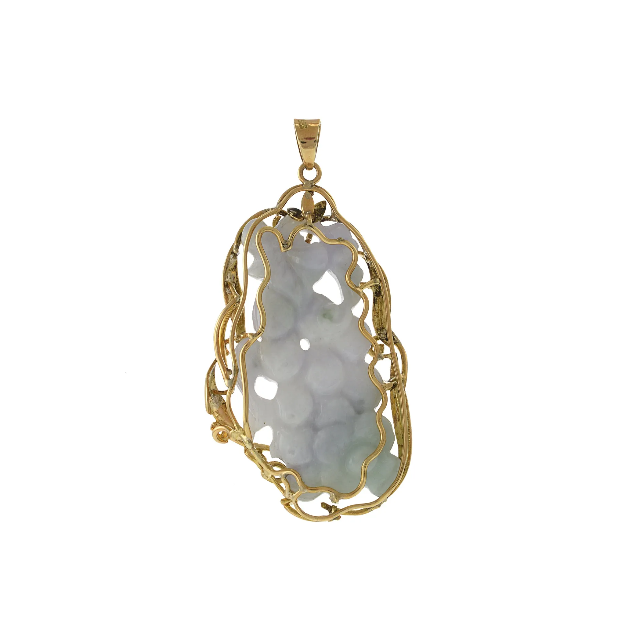 14KT Yellow Gold Estate Genuine White and Green Jade Carving Pendant