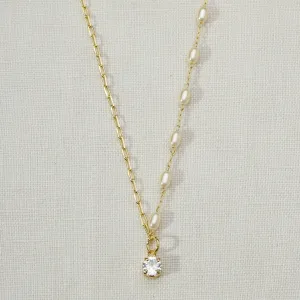 18k Gold Filled Oval Shaped Pearl Necklace With Cubic Zirconia Stone Charm