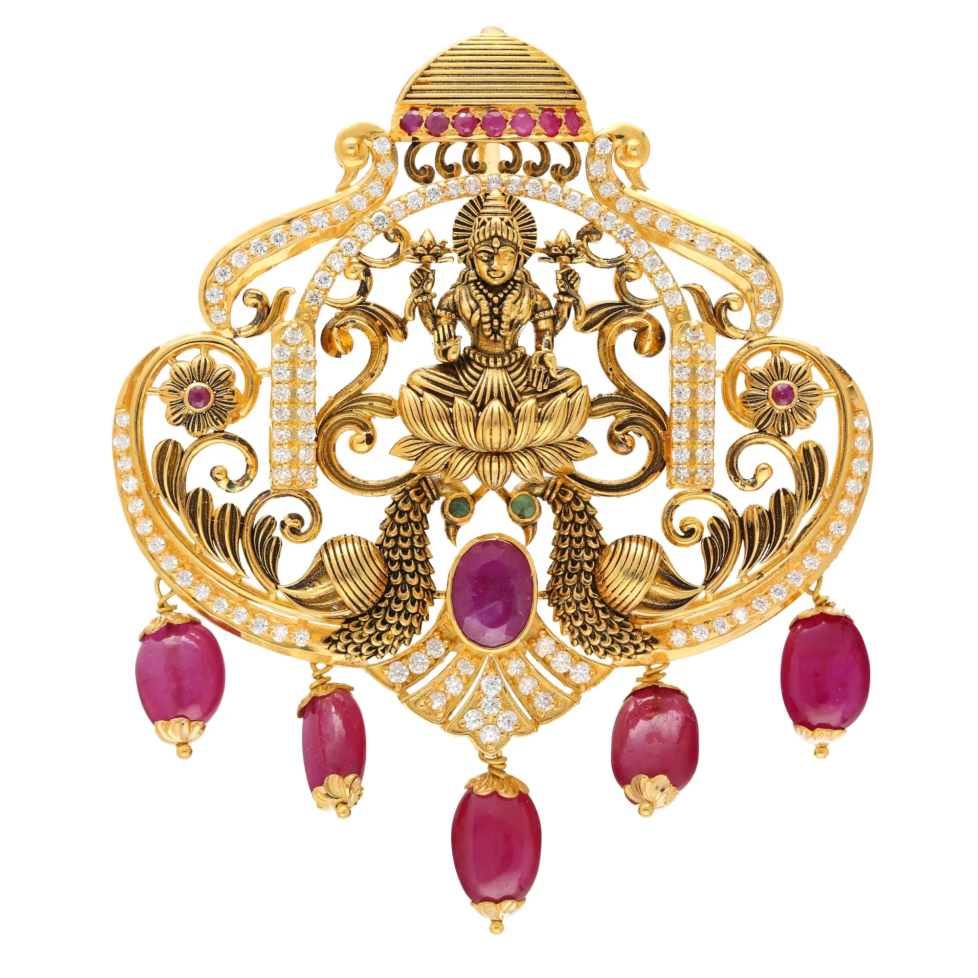 22K Yellow Gold Laxmi Pendant w/ Emeralds, Rubies & CZ (29.4gm)