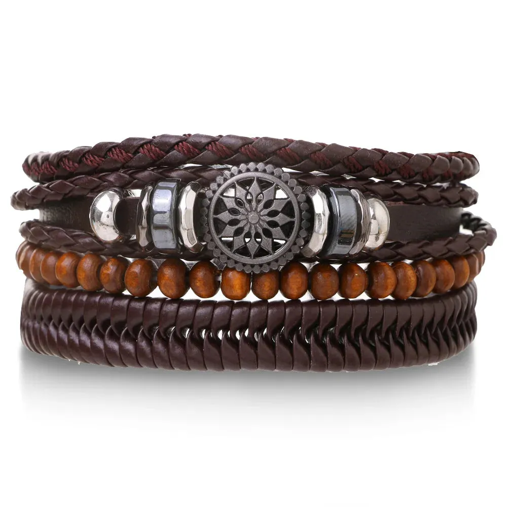 4Pcs/ Set Braided Wrap Leather Bracelets for Men Vintage Life Tree Rudder Charm Wood Beads Ethnic Tribal Wristband Rope Bracelet