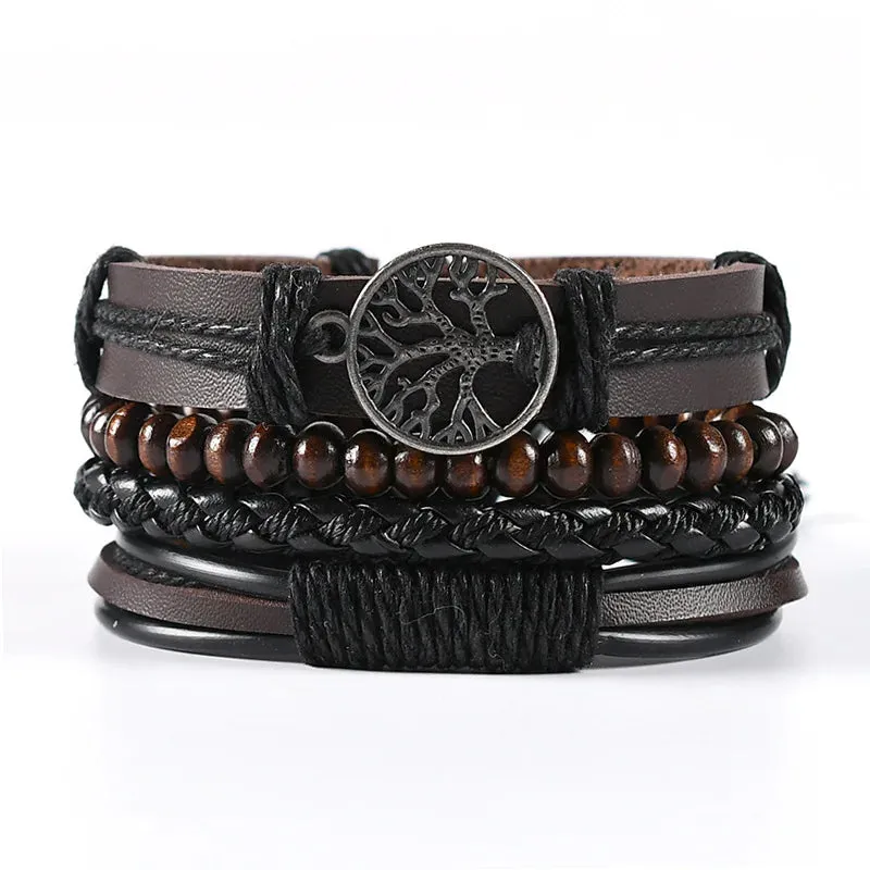 4Pcs/ Set Braided Wrap Leather Bracelets for Men Vintage Life Tree Rudder Charm Wood Beads Ethnic Tribal Wristband Rope Bracelet