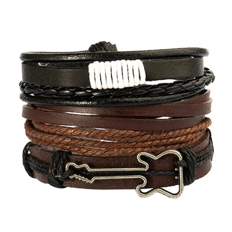 4Pcs/ Set Braided Wrap Leather Bracelets for Men Vintage Life Tree Rudder Charm Wood Beads Ethnic Tribal Wristband Rope Bracelet