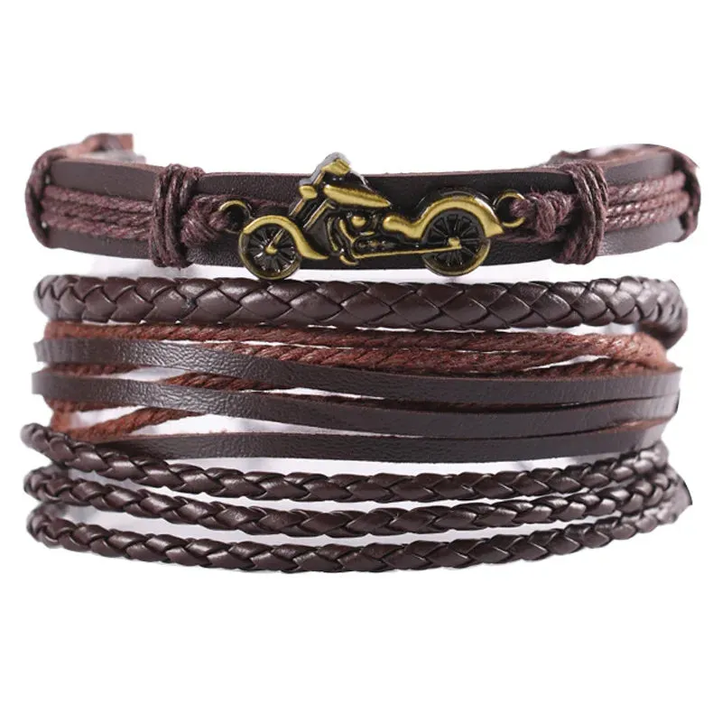 4Pcs/ Set Braided Wrap Leather Bracelets for Men Vintage Life Tree Rudder Charm Wood Beads Ethnic Tribal Wristband Rope Bracelet