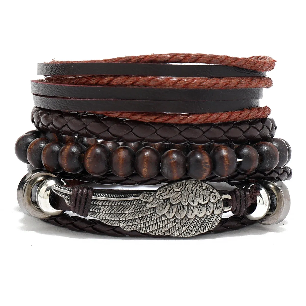 4Pcs/ Set Braided Wrap Leather Bracelets for Men Vintage Life Tree Rudder Charm Wood Beads Ethnic Tribal Wristband Rope Bracelet