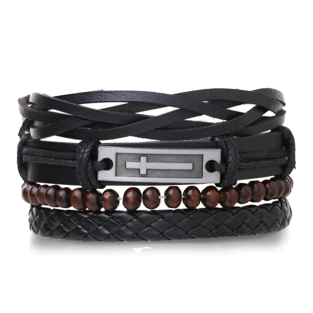 4Pcs/ Set Braided Wrap Leather Bracelets for Men Vintage Life Tree Rudder Charm Wood Beads Ethnic Tribal Wristband Rope Bracelet