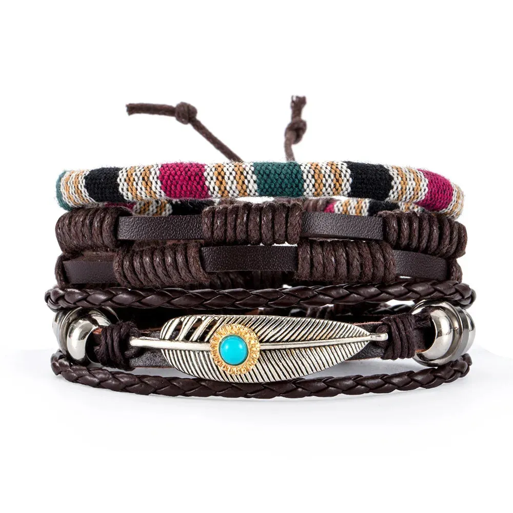 4Pcs/ Set Braided Wrap Leather Bracelets for Men Vintage Life Tree Rudder Charm Wood Beads Ethnic Tribal Wristband Rope Bracelet