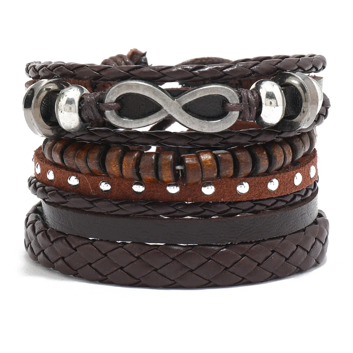 4Pcs/ Set Braided Wrap Leather Bracelets for Men Vintage Life Tree Rudder Charm Wood Beads Ethnic Tribal Wristband Rope Bracelet