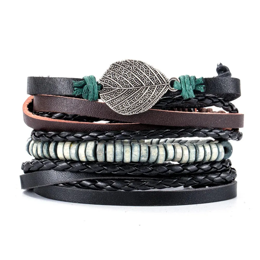 4Pcs/ Set Braided Wrap Leather Bracelets for Men Vintage Life Tree Rudder Charm Wood Beads Ethnic Tribal Wristband Rope Bracelet