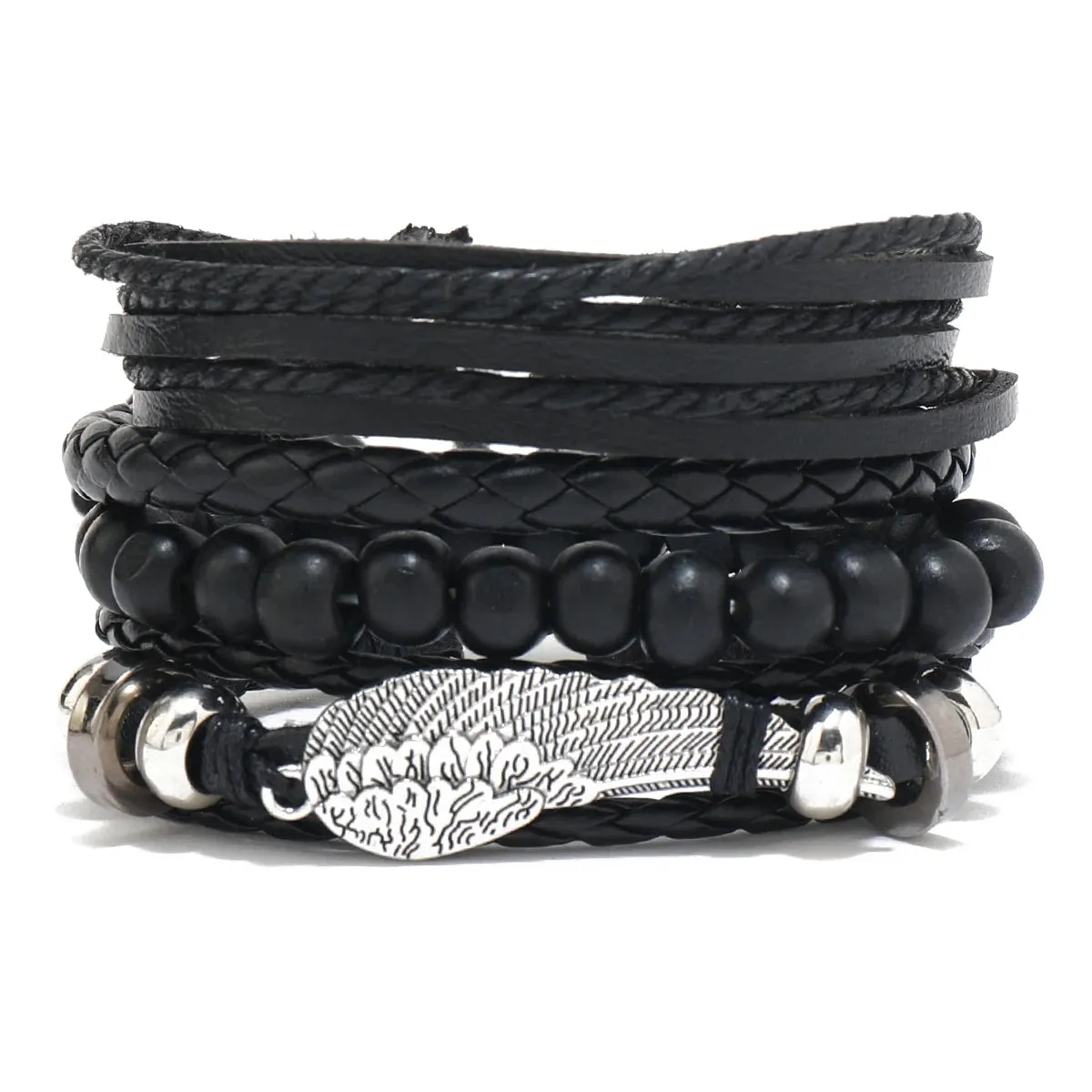 4Pcs/ Set Braided Wrap Leather Bracelets for Men Vintage Life Tree Rudder Charm Wood Beads Ethnic Tribal Wristband Rope Bracelet