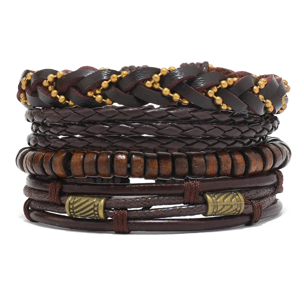 4Pcs/ Set Braided Wrap Leather Bracelets for Men Vintage Life Tree Rudder Charm Wood Beads Ethnic Tribal Wristband Rope Bracelet