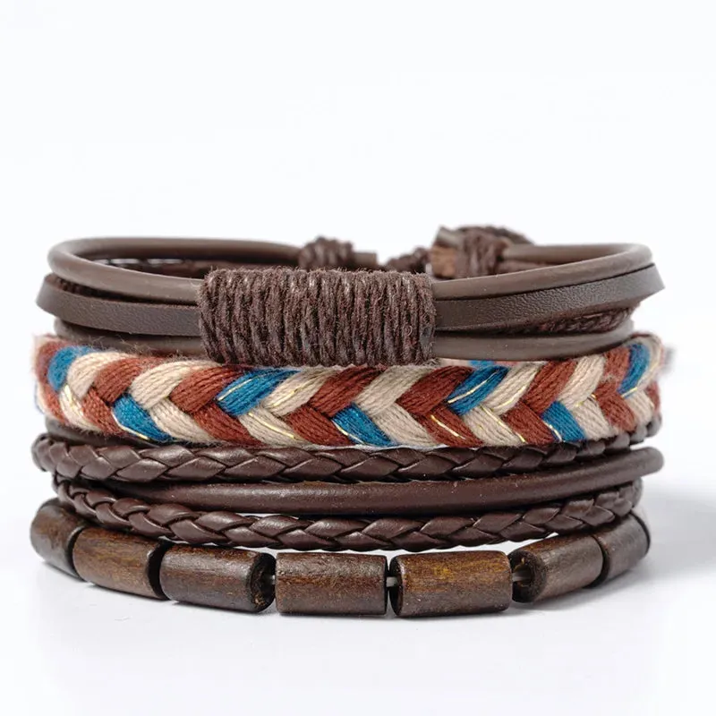 4Pcs/ Set Braided Wrap Leather Bracelets for Men Vintage Life Tree Rudder Charm Wood Beads Ethnic Tribal Wristband Rope Bracelet